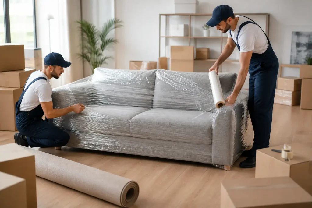 Zwei Umzugshelfer in blauer Arbeitskleidung wickeln ein graues Sofa sorgfältig in Stretchfolie ein; im Hintergrund stehen gepackte Umzugskartons.